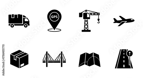 Silhouette icons of transport and construction elements for navigation and logistics