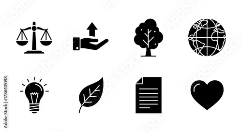 Essential silhouette icons of sustainability, technology, and wellness