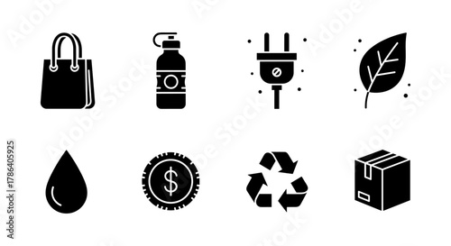 Eco-friendly icons: sustainable living and green energy concepts in minimalist black design