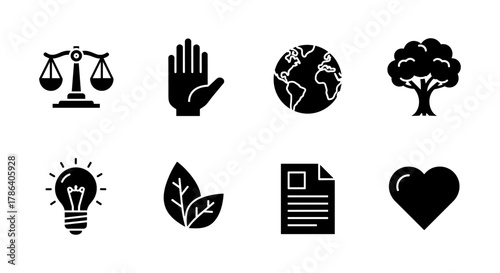 Minimalist icons for justice, environment, and wellness