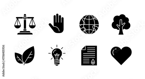 Minimalist eco and justice symbols: balance, sustainability, and harmony icons set