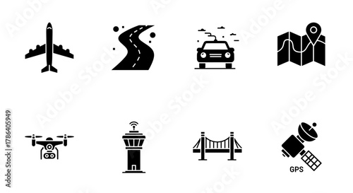 Simple black icons of travel and navigation elements for design projects