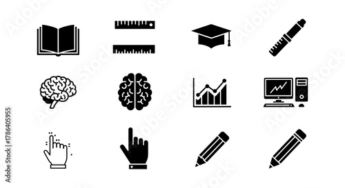 Educational and office tools icons in black silhouette style for digital and print use