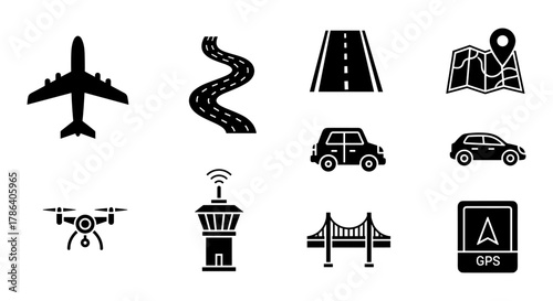 Travel icons: airplane, road, map, car, drone, gps, bridge, control tower