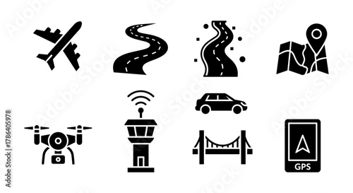 Transportation icons: airplane, road, map, drone, gps, and car for travel and navigation