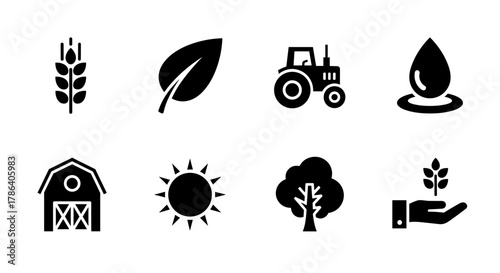 Silhouette icons of agriculture and nature: wheat, tractor, barn, tree, and sun