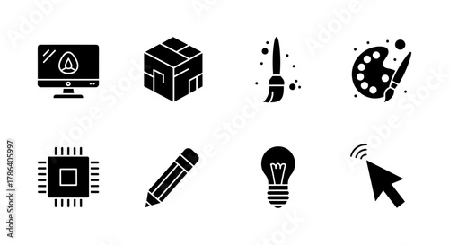 Creative design icons: digital, tools, and art in bold silhouette style