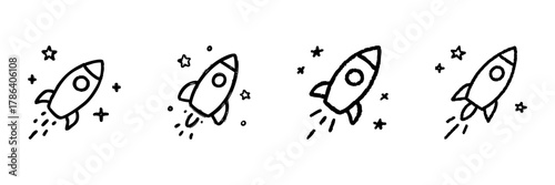 Rocket Ship Line Icon Set In Doodle Style. Space Exploration, Innovation, And Adventure Outline Sketch Collection. Hand Drawn Isolated Vector Illustration