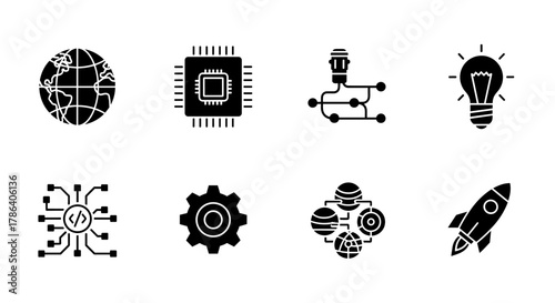 Digital technology icons: global, processor, network, innovation, ai, gear, connectivity, space, exploration