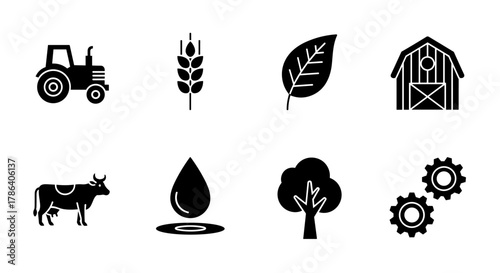 Farm element icons: tractor, cow, wheat, barn, leaf, water drop, tree, gears
