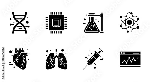Bold science icons featuring dna, microchip, lab equipment, and atom elements