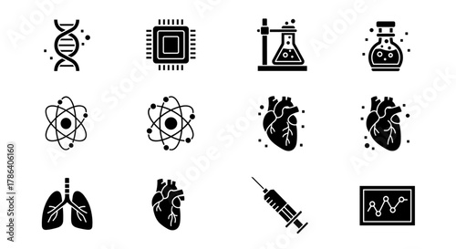 Science and technology icons: dna, microchip, laboratory equipment, heart, atom, syringe, lungs