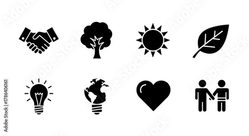 Silhouette icons of nature and humanity: handshake, tree, sun, leaf, light bulb, earth, heart, people