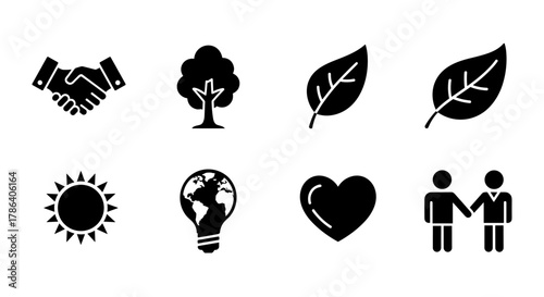 Eco-friendly icons: sustainability and nature symbols in black silhouette style
