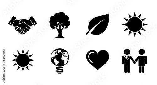 Set of black silhouette icons: nature, ecology, people, and earth concepts