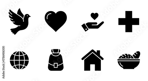 Minimalist black icons: dove, heart, helping hand, healthcare, globe, backpack, home, food