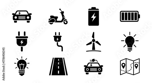 Electric mobility and energy icons: urban transportation and renewable power