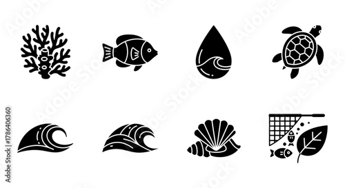 Black silhouette icons of marine life and ocean elements
