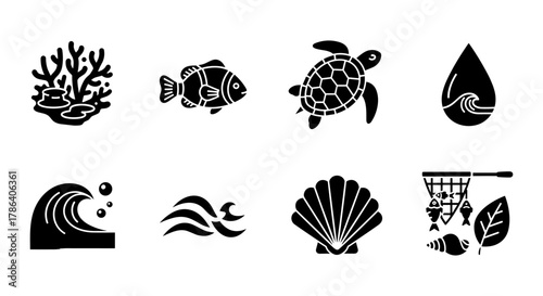 Stylized ocean icons: coral, fish, turtle, waves, shells, and fishing net