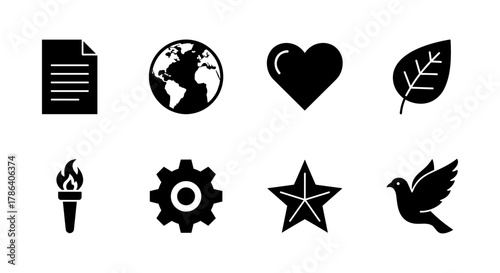 Silhouette icon set: heart, earth, leaf, torch, gear, star, dove, document