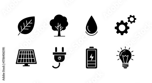Eco-friendly energy icons set: nature, technology, and innovation in sustainability