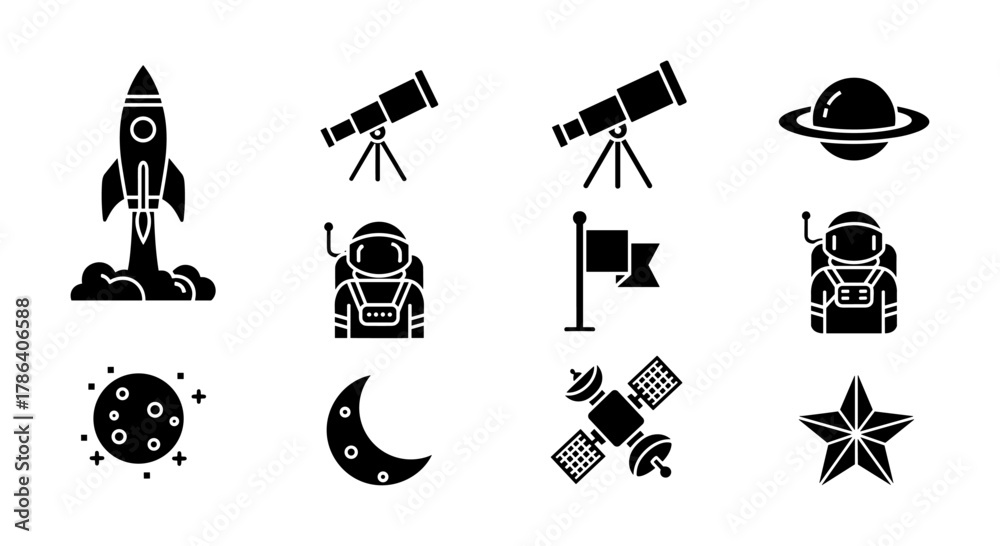 Fototapeta premium Space exploration silhouettes: rocket, astronauts, telescope, planets, and stars