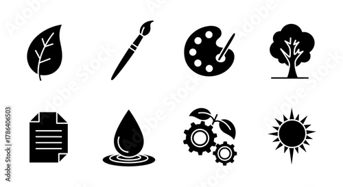 Icon set featuring nature, art tools, and ecology symbols in bold black silhouette style