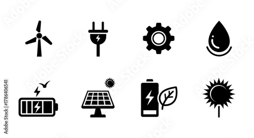 Eco icons set featuring wind turbine, solar panel, and energy symbols
