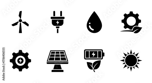 Eco-friendly energy icons set featuring renewable sources and sustainability symbols