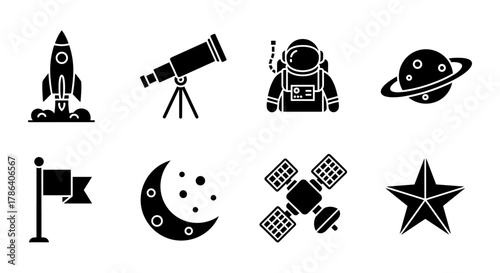Space exploration icons set: rocket, telescope, astronaut, planet, flag, moon, satellite, star