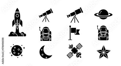 Space exploration silhouettes: rocket, astronauts, telescope, planets, and stars