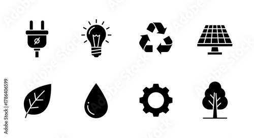 Eco-friendly energy icons set featuring solar, recycling, and sustainable elements in black silhouette style