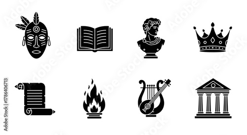 Black silhouette icons: artifacts from history and culture
