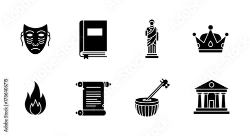 Icon set featuring theater mask, book, statue, crown, fire, scroll, sitar, and temple silhouettes