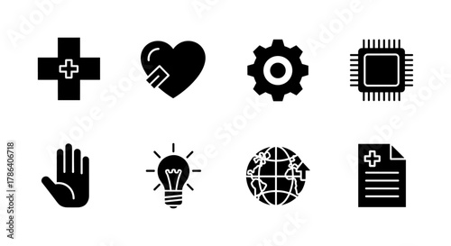 Healthcare and technology icons set: heart, gear, globe, document