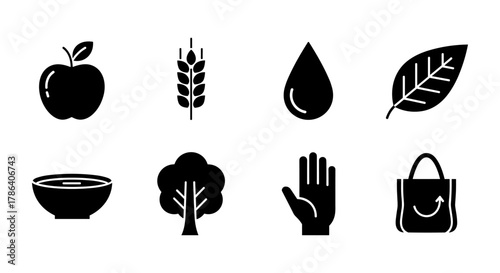 Minimalist black icons for organic and eco-friendly living