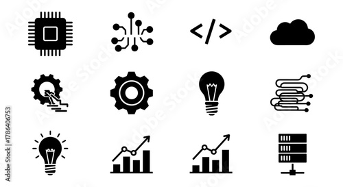 Technology icons set featuring circuit geometric cloud coding and data elements in silhouette style