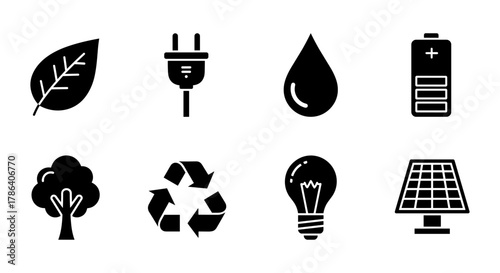 Eco-friendly icons featuring renewable energy and sustainable elements