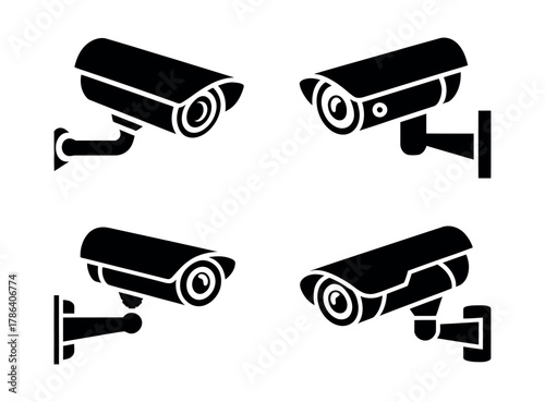 Four modern security cameras monitoring from different angles, symbolizing surveillance and safety.