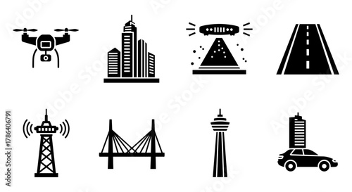 Icon set featuring drone, skyscrapers, ufo, road, tower, bridge, tv tower, and car in silhouette style