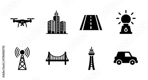 Urban icons set: drone, cityscape, road, car, tower, bridge symbols