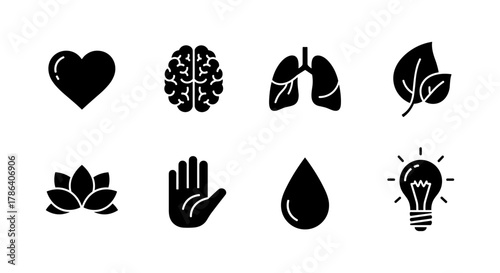 Essential health icons: heart, brain, lungs, leaf, lotus, hand, water, lightbulb – silhouette style