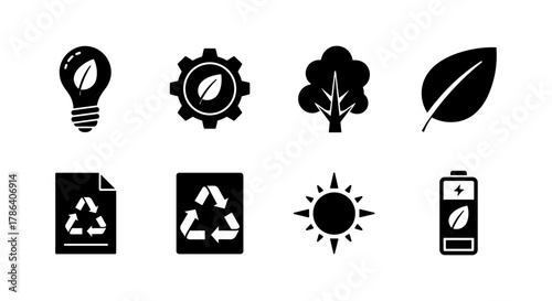 Eco icons set: sustainability silhouettes featuring leaf, recycling, and renewable energy symbols
