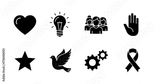 Set of black silhouette icons: heart, lightbulb, people, hand, star, dove, gears, ribbon