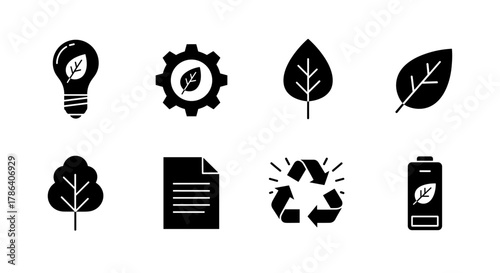 Eco-friendly icons set featuring silhouette style leaves, recycling, and sustainability symbols