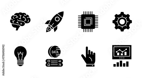 Black silhouette icons of technology concepts: brain, rocket, gear, and light bulb