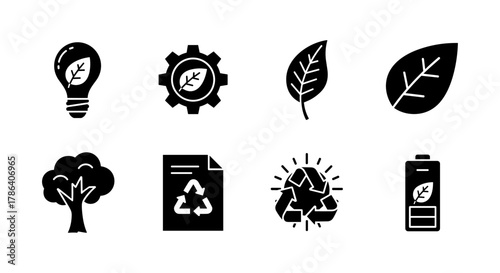 Sustainable energy and ecology icons set in black silhouette style