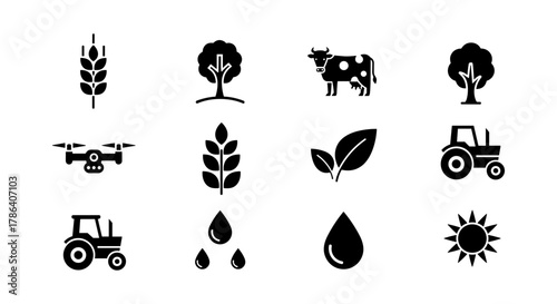 Agriculture icons: silhouette style for farming and sustainability themes