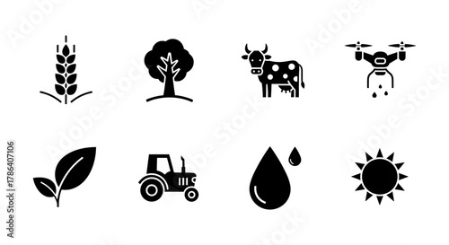Agriculture icons set featuring silhouette designs for modern farming