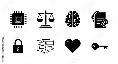 Set of iconic black silhouettes: technology, justice, brain, documents, security, circuit, heart, key